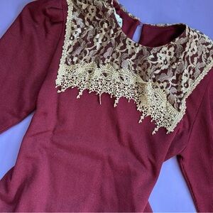 Vintage 80s Victorian Maroon Lace Long Sleeve Sweater Dress